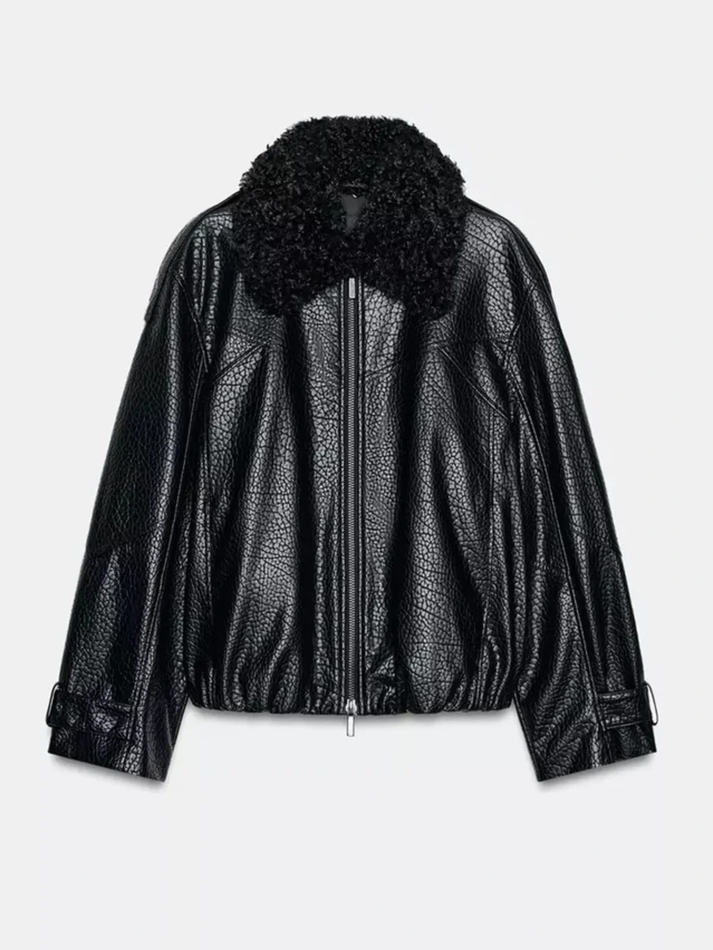 Zara faux leather black bomber jacket with detachable fur collar sz.XS